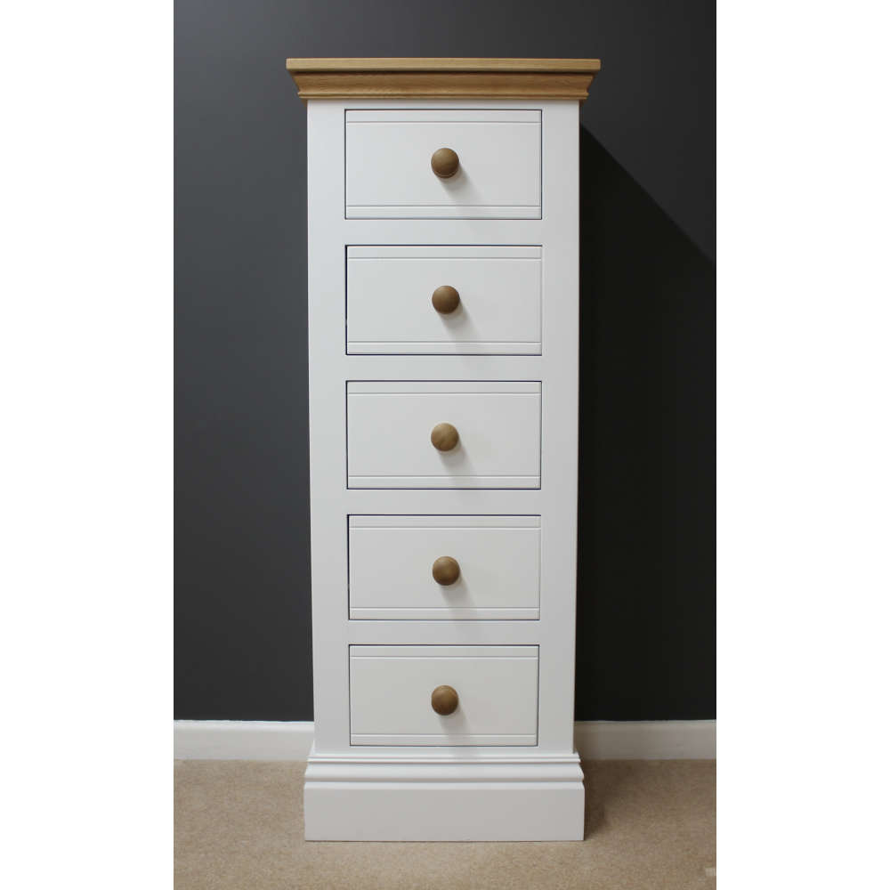 New England Oak Top 5 Drawer Narrow Chest Of Drawers