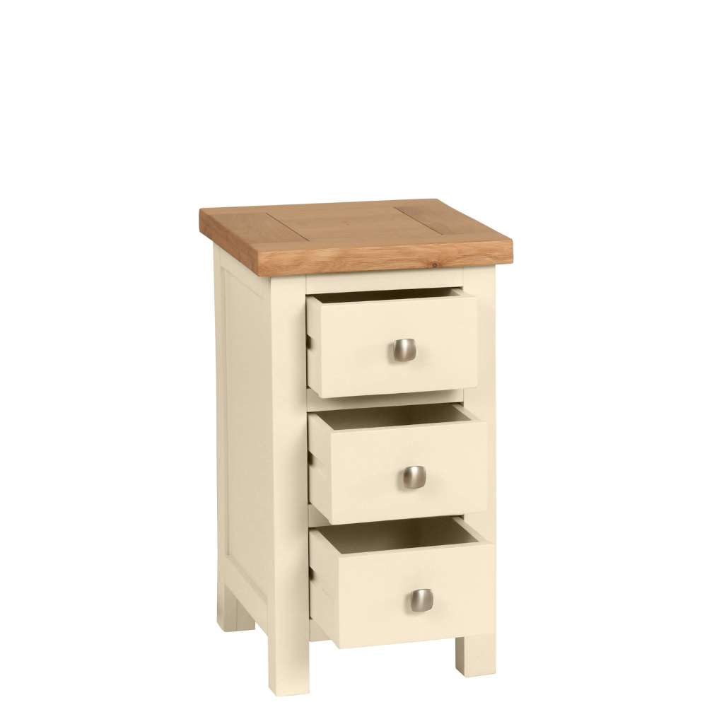 Devonshire Living/Dorset Painted/Ivory/DPT009PI_painted_compact_small_3_drawer_bedside_bedroom_storage_oak_top_ivory_open.jpg