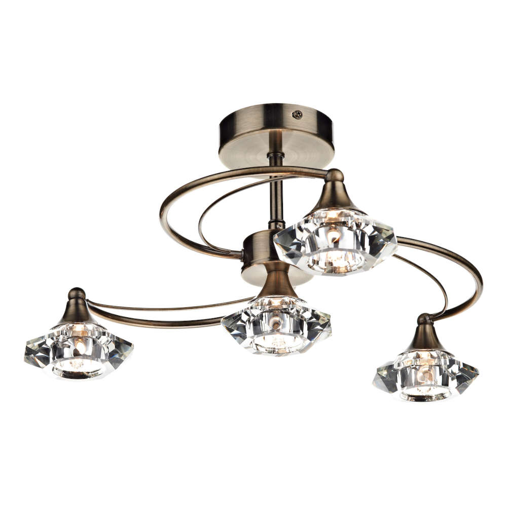 där Luther 4 Light Semi Flush Antique Brass Crystal