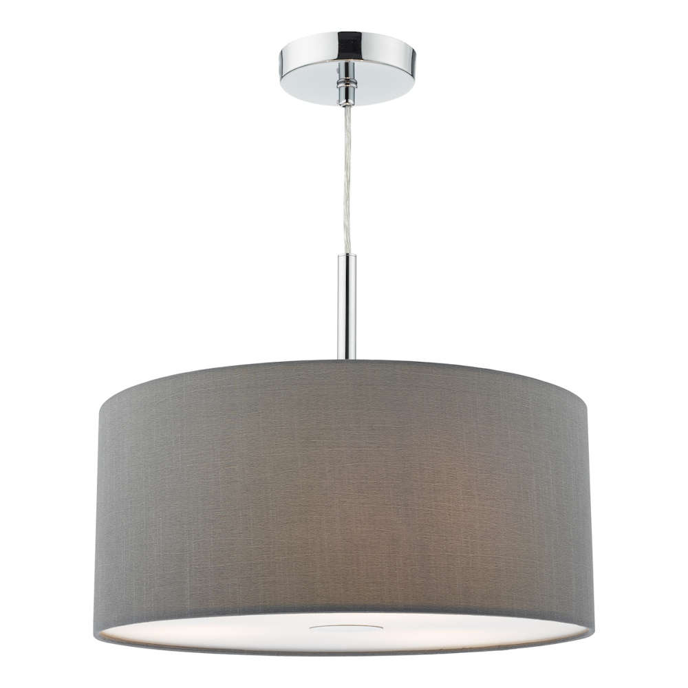 där Ronda 3 Light Pendant Polished Chrome With Grey Faux Silk Shade 40cm