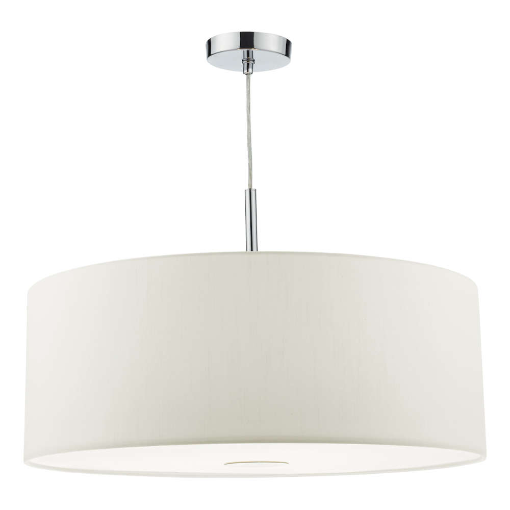 där Ronda 3 Light Pendant Polished Chrome With White Faux Silk Shade 60cm
