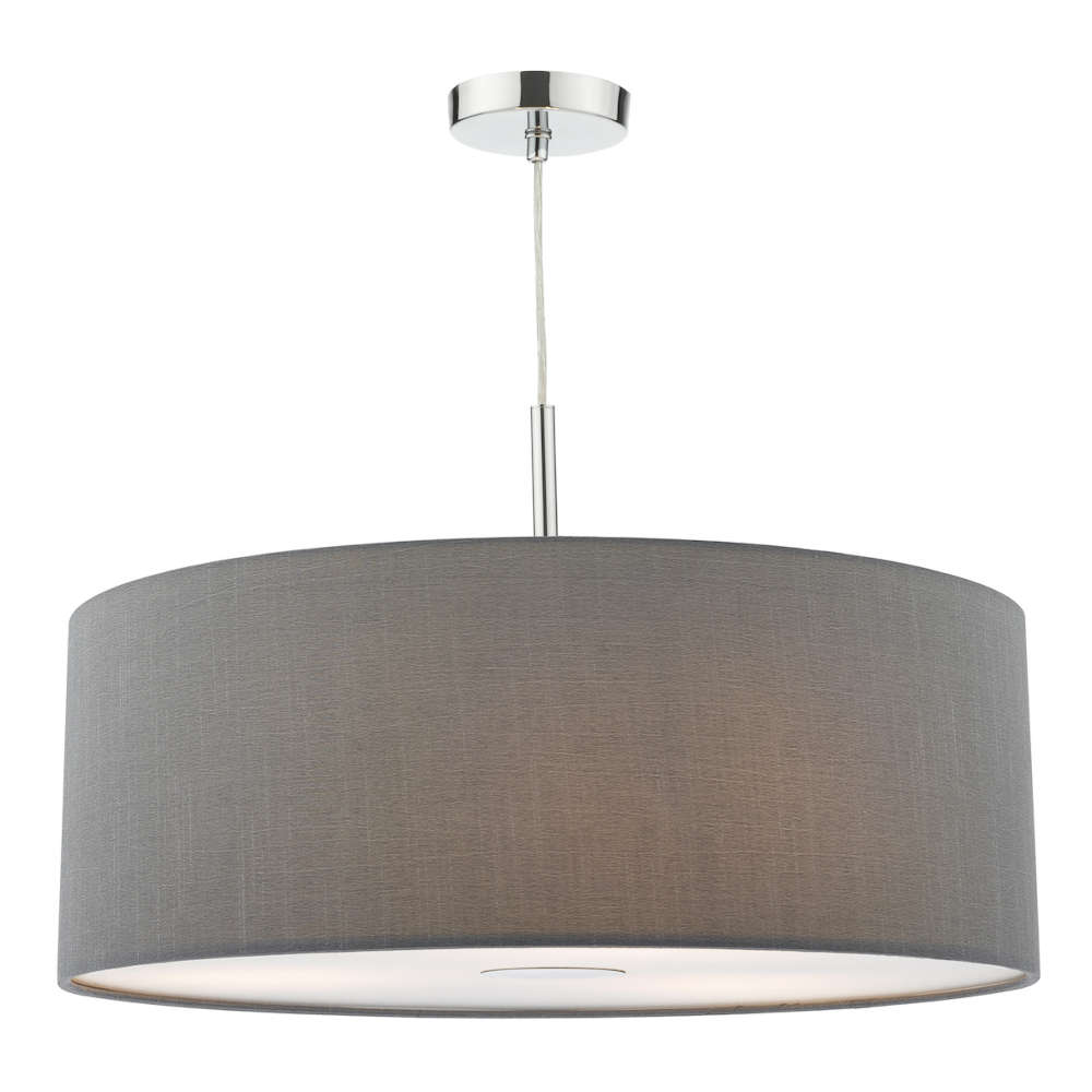 där Ronda 3 Light Pendant Polished Chrome With Grey Faux Silk Shade 60cm
