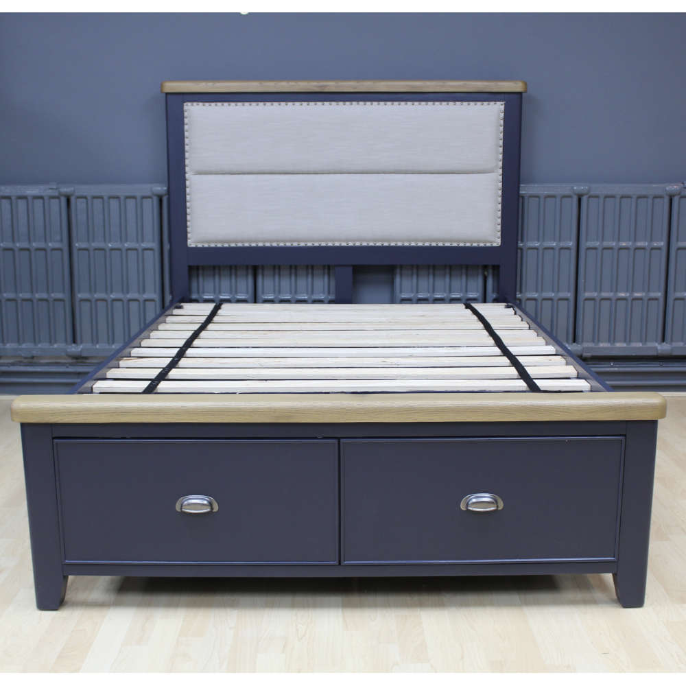 Horsham Blue Double Bedstead With Fabric Headboard And 2 End Drawers