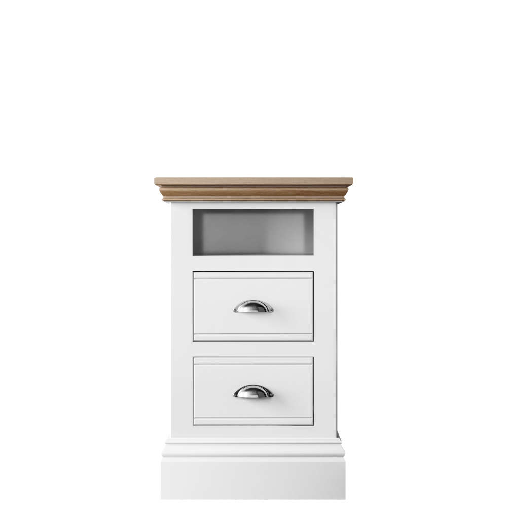 New England Bedroom Oak Top 2 Drawer Open Shelf Narrow Bedside