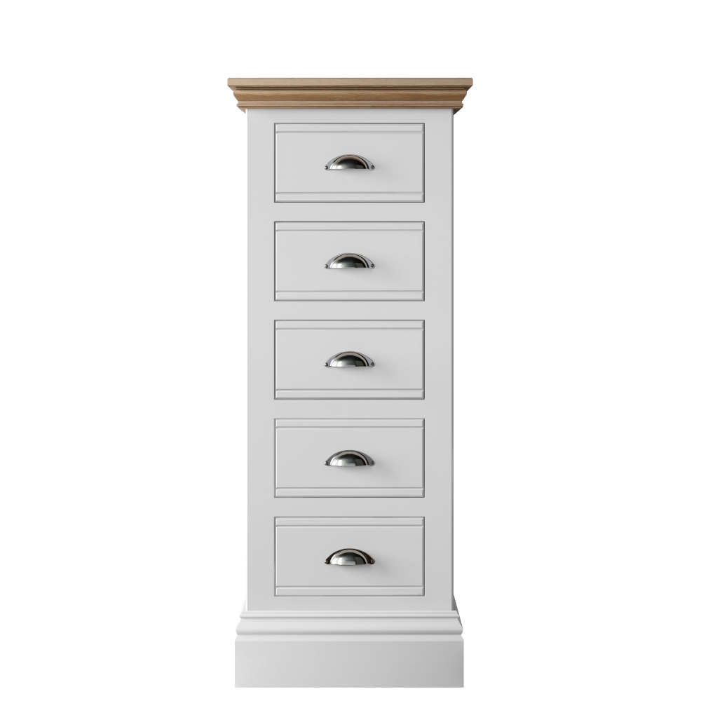 New England Bedroom Oak Top 5 Drawer Narrow Chest