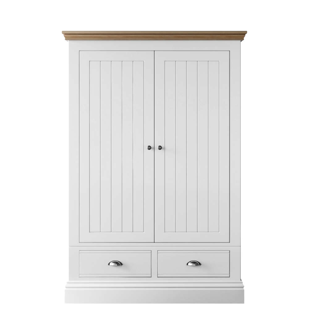New England Bedroom Oak Top 2 Door Large Hanging Wardrobe + 2 Drawers