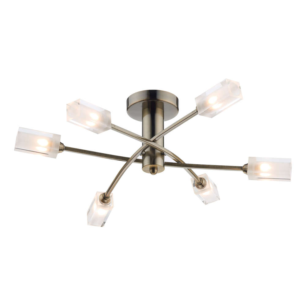där Morgan 6 Light Semi Flush Antique Brass Glass