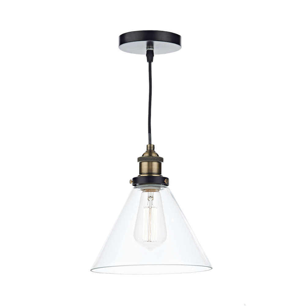 där Ray 1 Light Pendant Antique Brass With Clear Glass Shade